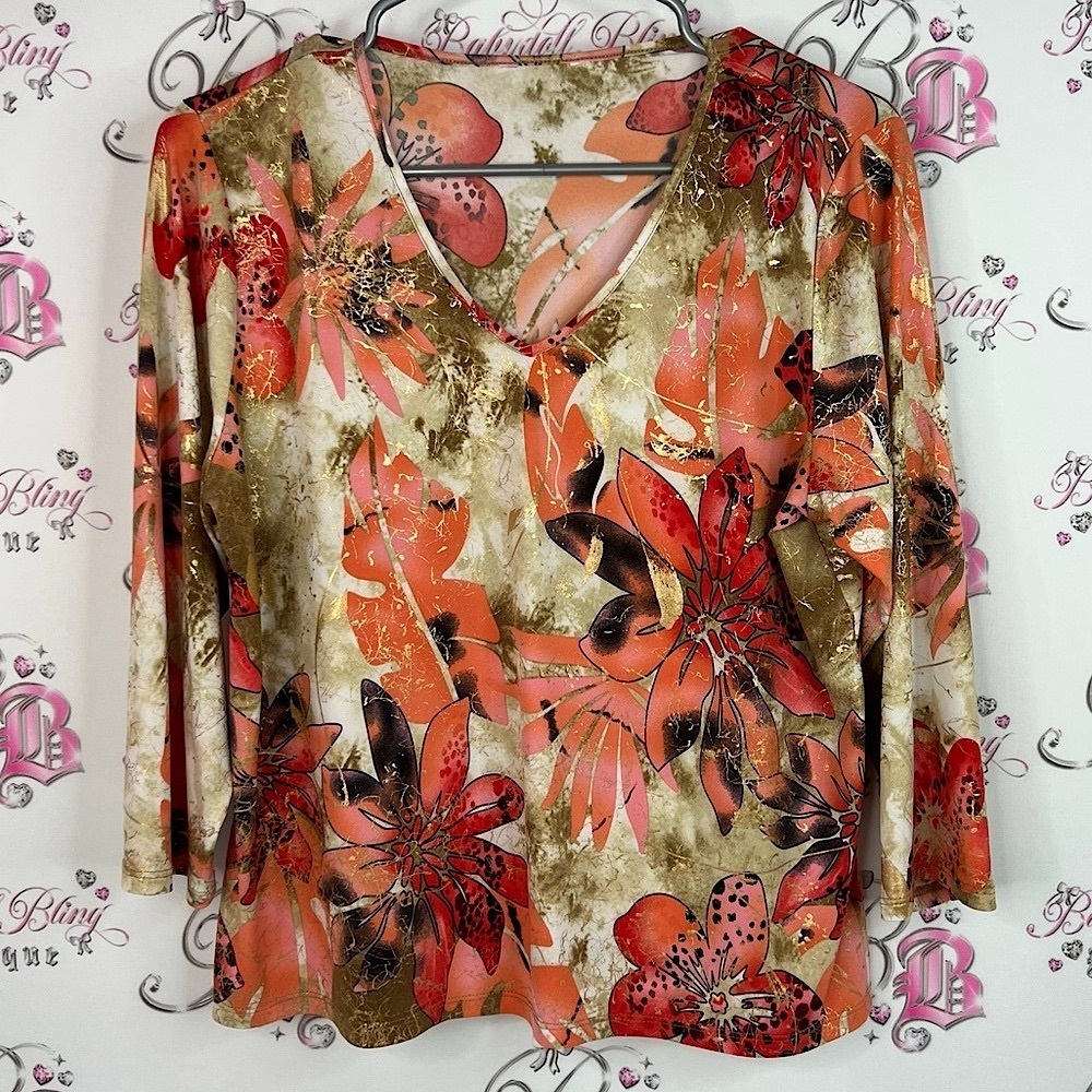Long sleeve tropical orange gold red Floral V-Neck Women's Top - Multicolor